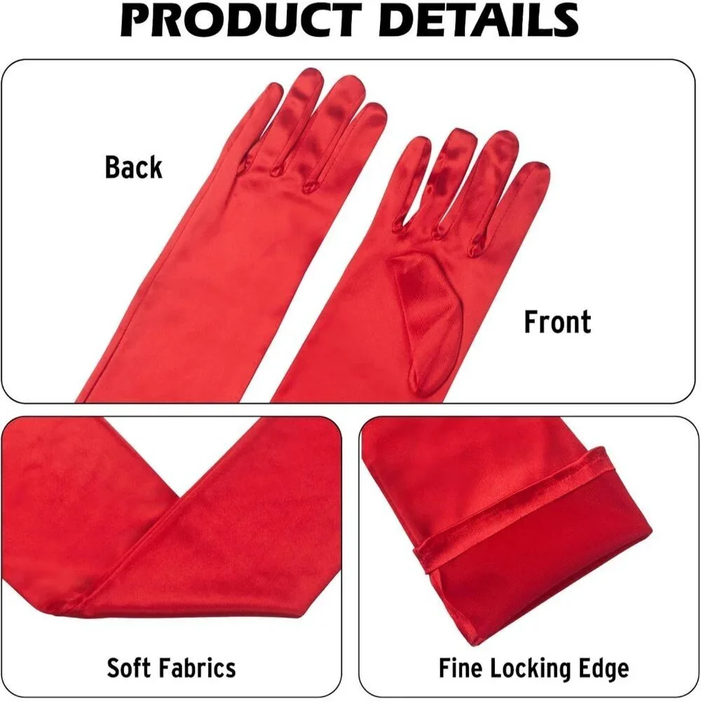 Women's Red Long Satin Opera Fabric Gloves Party Tea Stretchy Elbow Length